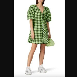 Ganni Green Seersucker Black Plaid Puff Sleeve Mini Dress 38 / US 6 / US M